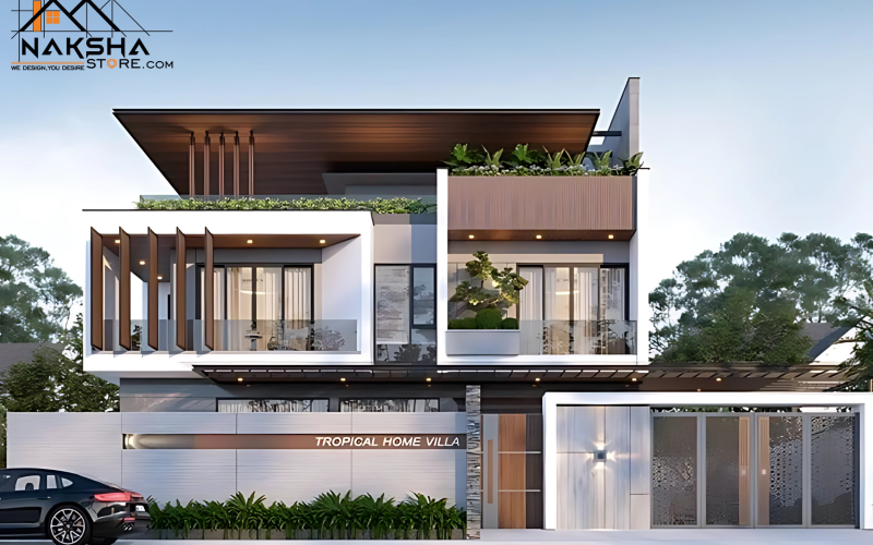 Tropical Modernism: 2-Story Villa with Wood Slats, Planters, and Flat Roof Design